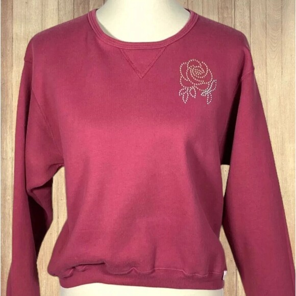 Vintage Russell Womens Sweatshirt Top M Red Studded Flower Crop Boxy Sweater USA - Picture 12 of 12